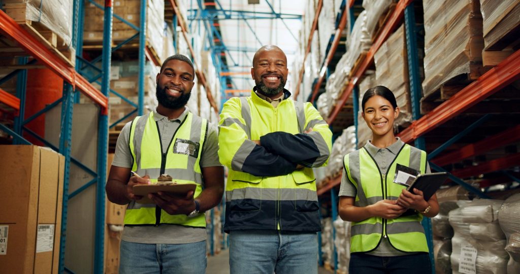 Packaging and warehouse employees smiling