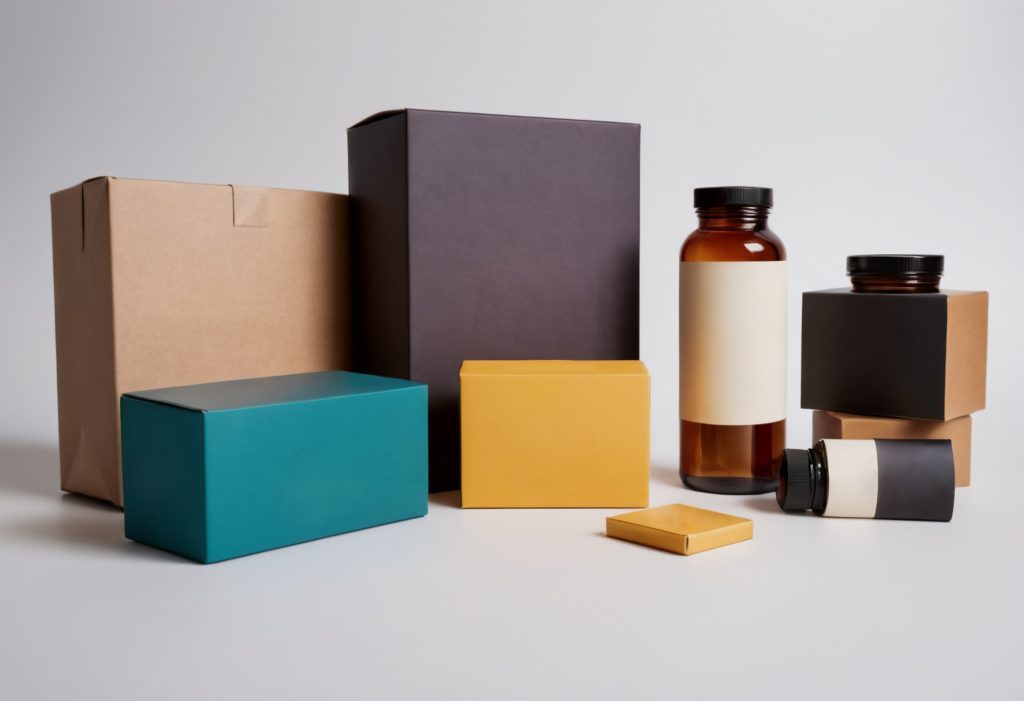 Variety of product packaging and bottle displays on a gray background